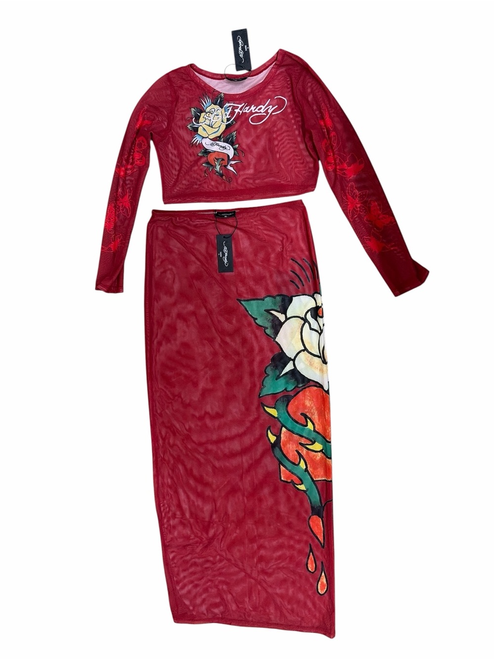 Ed Hardy red mesh cover-up beach skirt set XL rose tattoo rhinestone Y2K NWT - Picture 3 of 8
